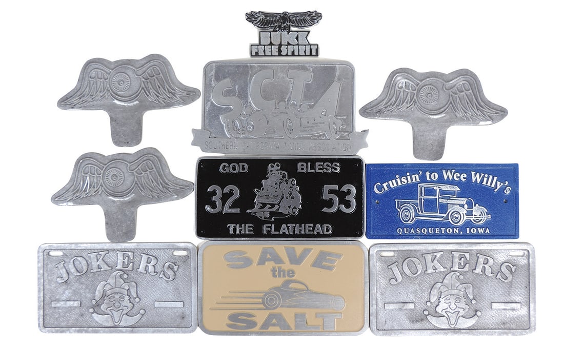 Automobilia Hot Rod Club Items (10), cast aluminum plates & license plate toppers incl SoCal, (1 of 1)