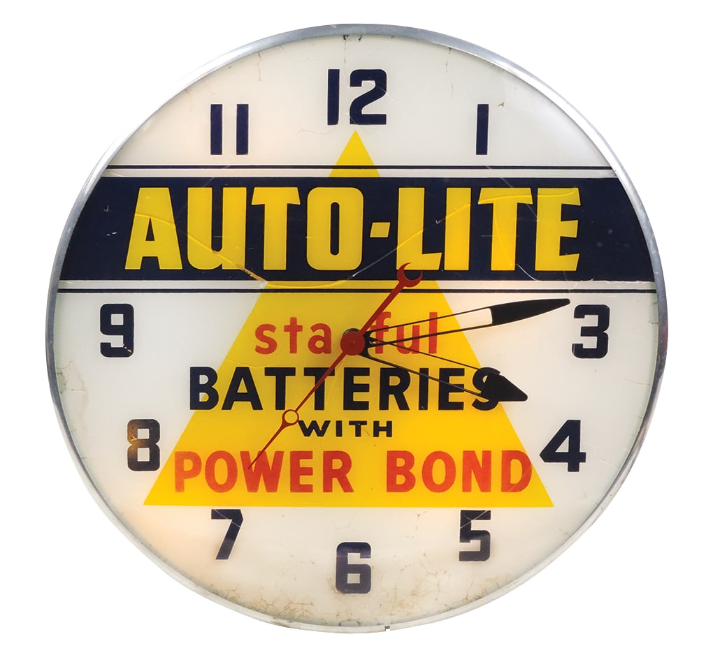 Automobilia, Auto-Lite Clock, lighted "Batteries w/Power Bond", mfgd by Tel-A-Sign Inc, Good+ (1 of 1)