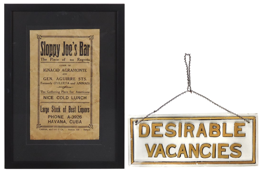 Vintage Signs (2), reverse-painted beveled glass hanger for "Desirable Vacancies" & printed flyer (1 of 1)