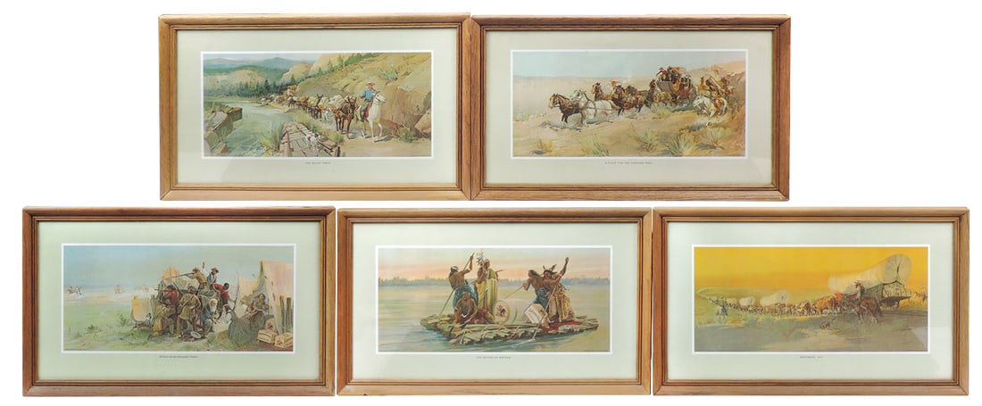 Breweriana Budweiser Prints, set of 5 Western Expansion theme scenes, c.1960s in matching oak (1 of 1)