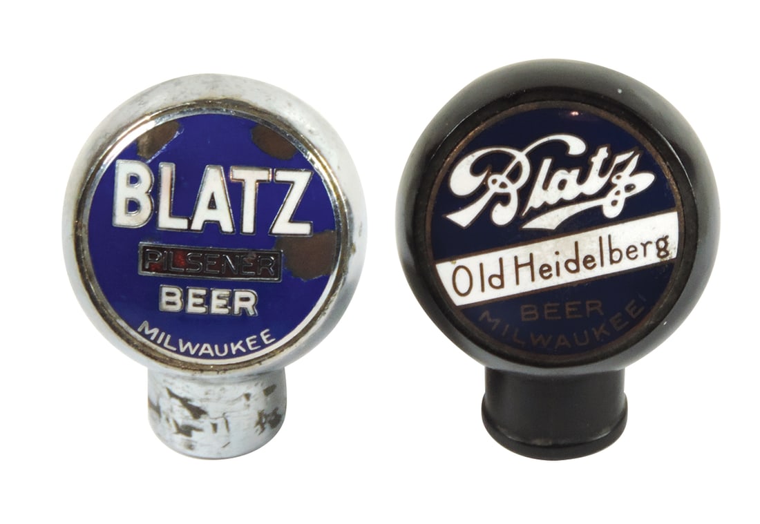 Breweriana Tap Handles (2), Blatz Old Heidelberg beer, Bakelite w/porcelain face, Exc cond & Blatz (1 of 2)