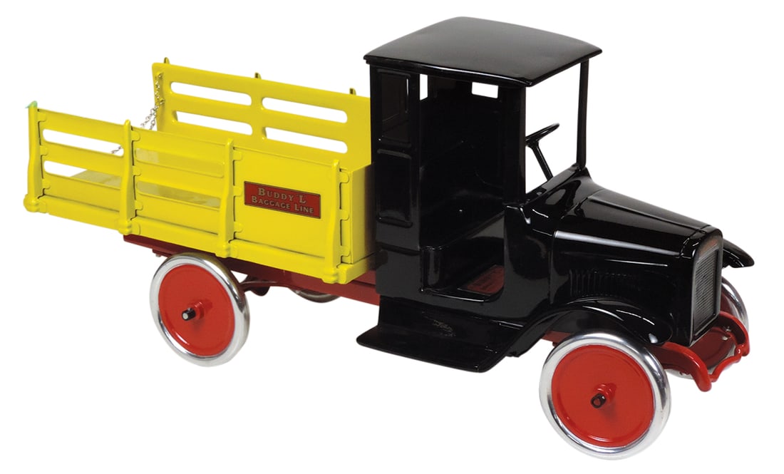 Toy Buddy L Baggage Line Truck, enclosed cab w/stake box, pressed steel, c.1925, prof restoration in (1 of 2)