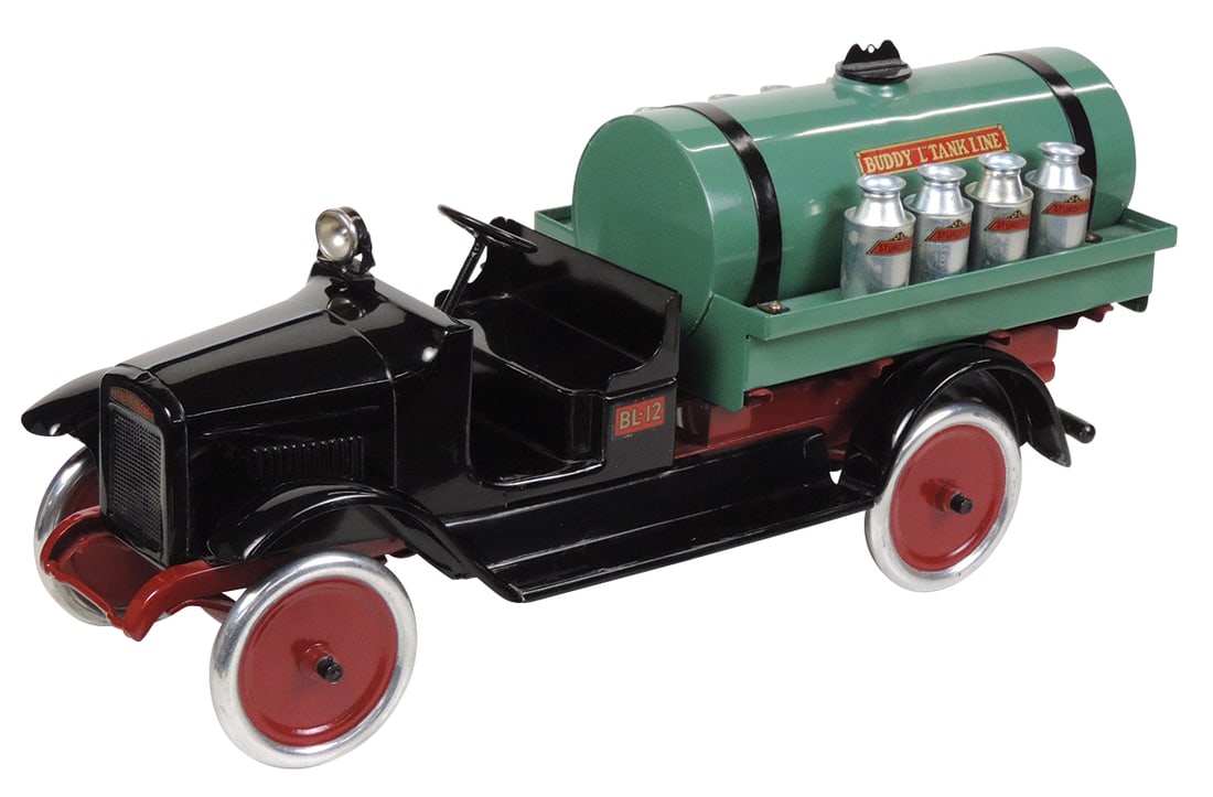 Toy Buddy L Tank Truck, BL-12 road waterer w/8 cans, pressed steel, c.1925, prof restoration in Exc (1 of 2)