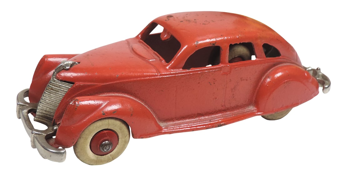 Toy Car, Hubley Lincoln Zephyr Sedan w/nickel grill, c.1940, cast iron w/orig light red paint & (1 of 3)