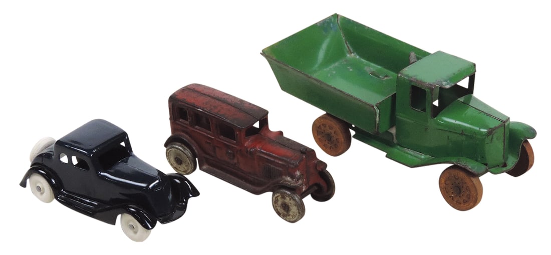Toy Cars & Truck (3), Sedan by Arcade, cast iron, pressed steel Dump Truck w/orig wood wheels & (1 of 1)