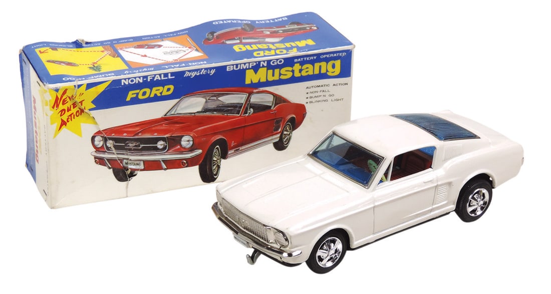 Toy Ford Mustang, tin battery-operated "Bump 'N Go" in orig box, Mint untested cond, box w/tear,: Toy Ford Mustang, tin battery-operated "Bump 'N Go" in orig box, Mint untested cond, box w/tear, 10.5"L.