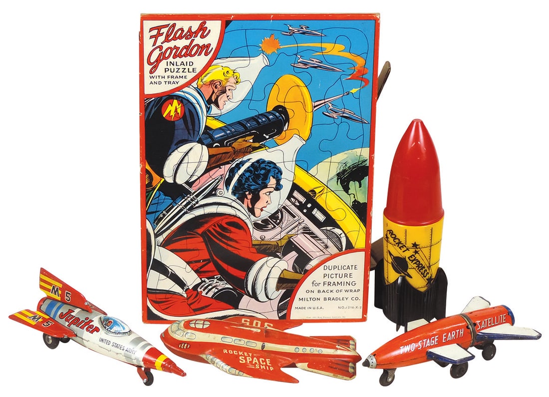 Toy Space Items (5), 1951 Flash Gordon puzzle in sleeve, rocket ship shaker & 3 litho on tin (1 of 1)