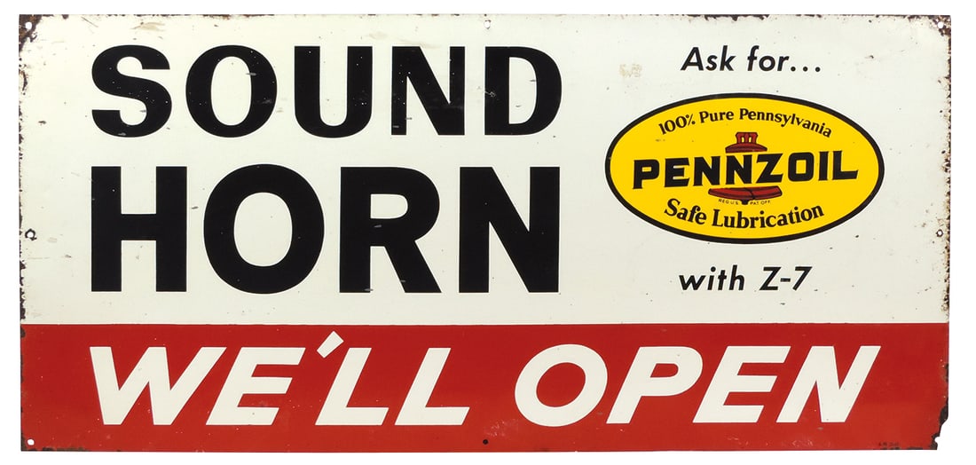 Petroliana Service Bay Sign, "Sound Horn We'll Open" w/Pennzoil logo, litho on tin, Good+ cond w/: Petroliana Service Bay Sign, "Sound Horn We'll Open" w/Pennzoil logo, litho on tin, Good+ cond w/some oxidation at edges, 15"H x 32"W.