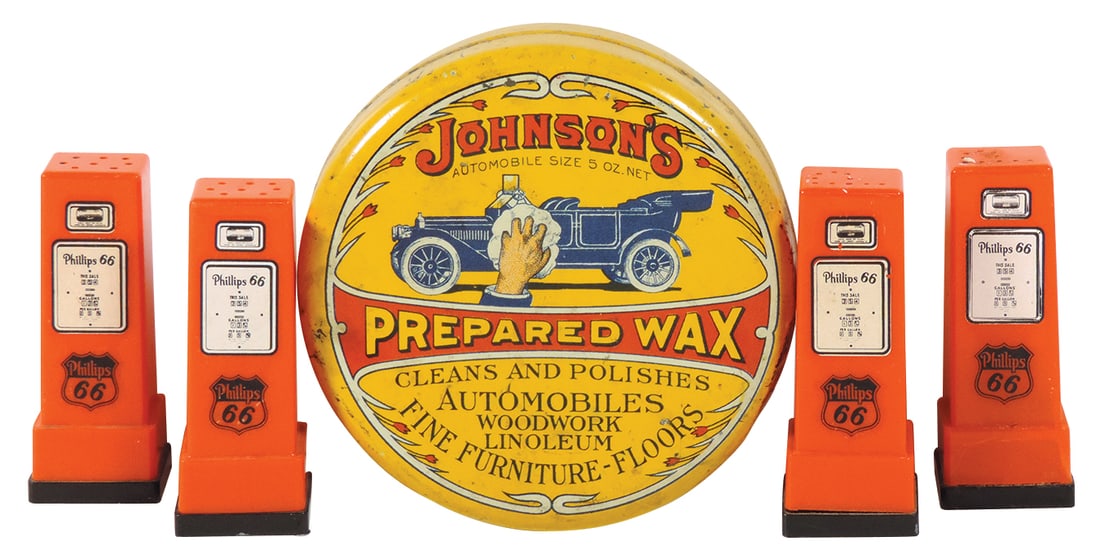 Automotive Smalls, Johnson's Prepared Wax Automobile Size 4 oz tin & 2 pr. Phillips 66 salt: Automotive Smalls, Johnson's Prepared Wax Automobile Size 4 oz tin & 2 pr. Phillips 66 salt & pepper shakers from Packard Service-Peck, Kansas & Keeler Oil Co.-Clearwater, Kansas, all in VG & Exc cond