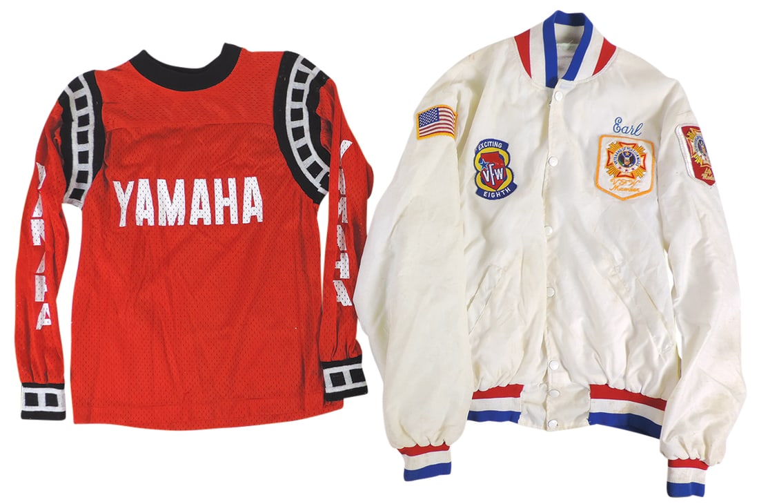 Vintage Clothing (2), V.F.W. Post 2056 embroidered satin jacket named to Roy S. Wise, made by: Vintage Clothing (2), V.F.W. Post 2056 embroidered satin jacket named to Roy S. Wise, made by Holloway & Yamaha jersey w/Yamaha collar tag, VG cond, both appear size medium.