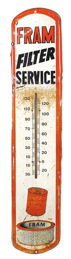 Automobilia Fram Thermometer, diecut steel for filter service, Fair to Good working cond, 39"H. (1 of 1)