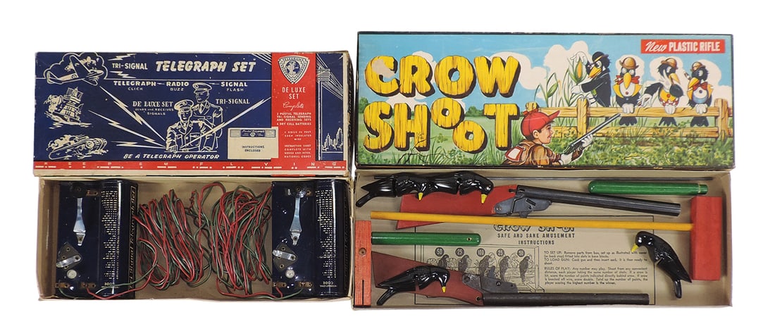 Toy Telegraph & Target Shoot, boxed Tri-Signal & Crow Shoot, both complete in Exc+ & VG+ cond,: Toy Telegraph & Target Shoot, boxed Tri-Signal & Crow Shoot, both complete in Exc+ & VG+ cond, larger 18"L.