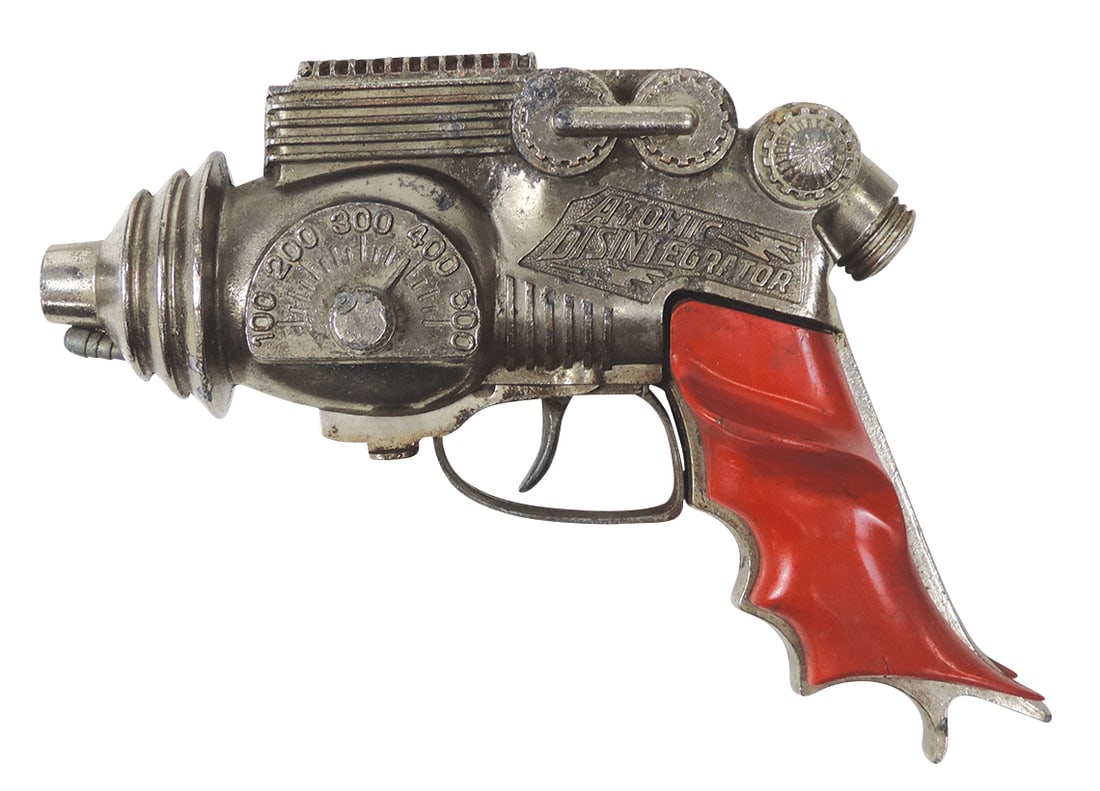 Toy Cap Pistol, Atomic Disintegrator, mfgd by Hubley, diecast nickel-plated metal w/plastic grips,: Toy Cap Pistol, Atomic Disintegrator, mfgd by Hubley, diecast nickel-plated metal w/plastic grips, VG+ working cond w/some grip warpage, 7"L.