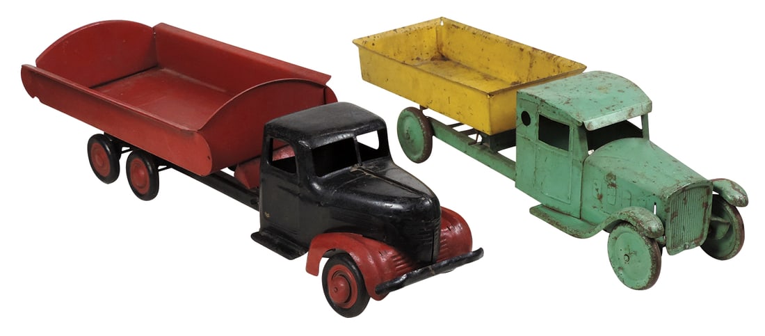 Toy Construction Trucks, Turner & Steelcraft dump trucks, pressed steel, Good+ cond, larger 27"L.: Toy Construction Trucks, Turner & Steelcraft dump trucks, pressed steel, Good+ cond, larger 27"L.