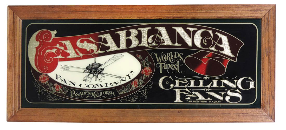 Casablanca Fans Sign, reverse painted glass w/gilt backing in oak frame, Exc cond, 25"H x 56"W. (1 of 1)