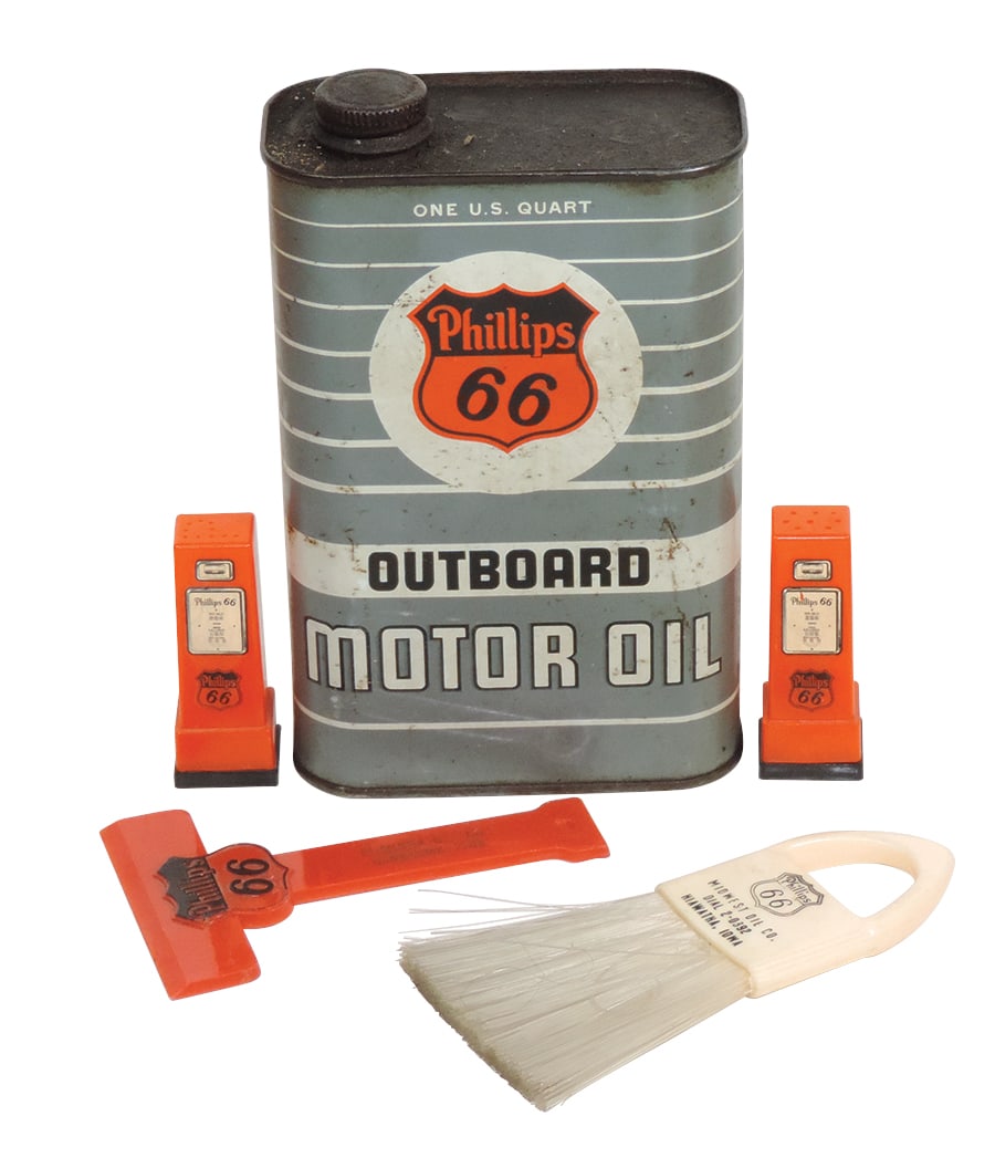 Petroliana (4), Phillips 66 Outboard Motor Oil quart, Phillips 66-Midwest Oil Co.-Hiawatha, Iowa: Petroliana (4), Phillips 66 Outboard Motor Oil quart, Phillips 66-Midwest Oil Co.-Hiawatha, Iowa brush, Philips 66 Ice Scraper from Clausen Oil Co.-Gladbrook, Iowa & Phillips 66 shakers from Lutzke Se