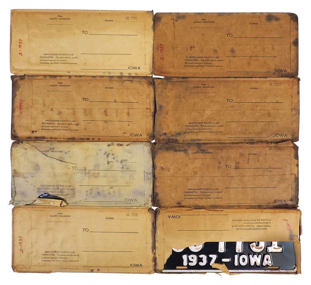 License Plates (8), all Iowa, 7-1937, 1-1933, 2-plate sets, embossed metal, in orig county mailers, (1 of 1)
