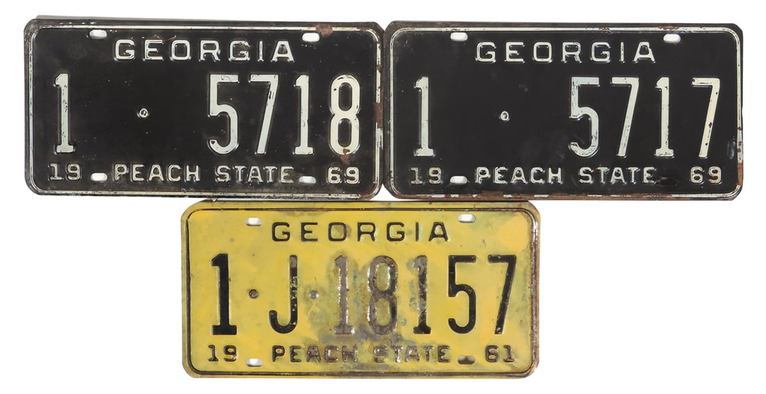 License Plates (3), Rare Georgia #1's, matched pr of 1969 & single1961, Good & VG cond, 6"H x 12"W.: License Plates (3), Rare Georgia #1's, matched pr of 1969 & single1961, Good & VG cond, 6"H x 12"W.
