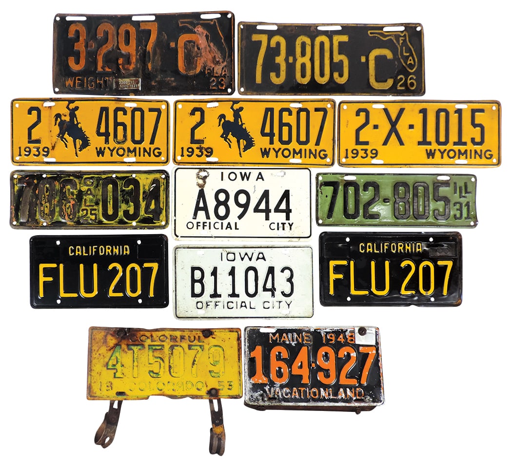 License Plates (13), Cal '23, '25 & '26, Ill '31, three '39 Wee incl pair & others, embossed metal, (1 of 1)