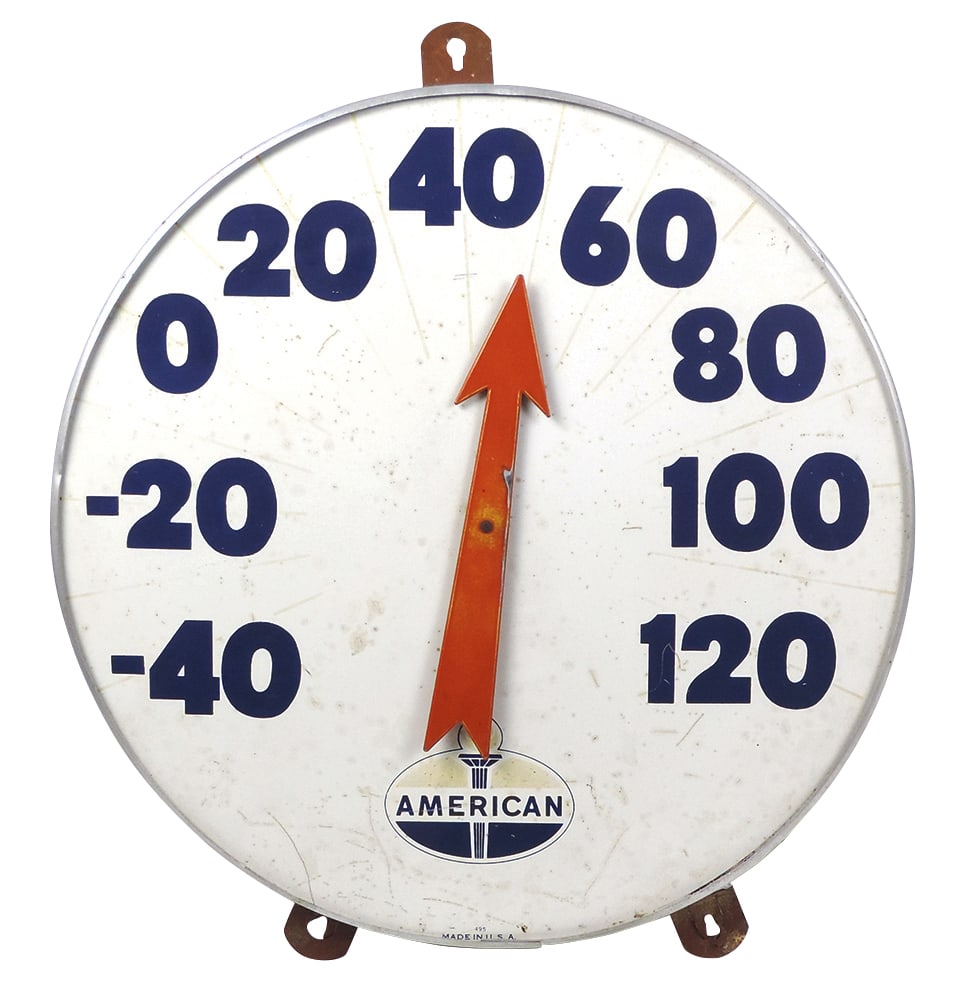 Petroliana Thermometer, litho on tin w/American (AMOCO) oval logo, Good+ working cond, glass: Petroliana Thermometer, litho on tin w/American (AMOCO) oval logo, Good+ working cond, glass absent, 18"Dia.