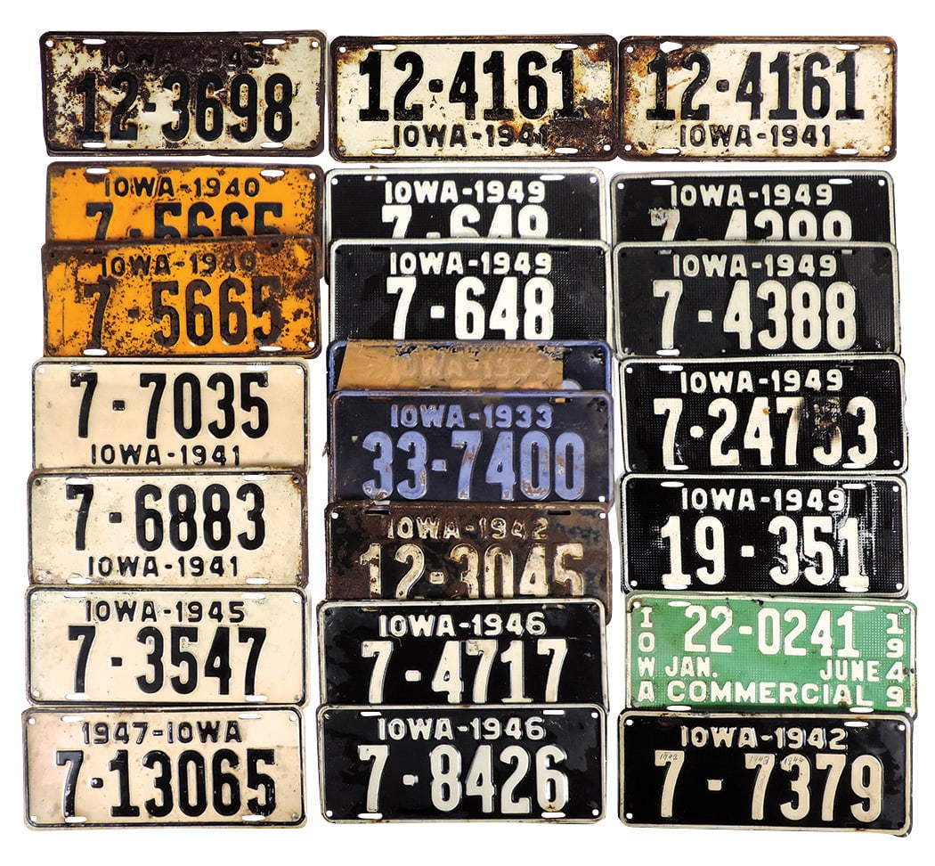License Plates (22), Iowa 1940s, incl commercial vehicle, embossed metal, Good+ to VG+ cond, 12"L.: License Plates (22), Iowa 1940s, incl commercial vehicle, embossed metal, Good+ to VG+ cond, 12"L.