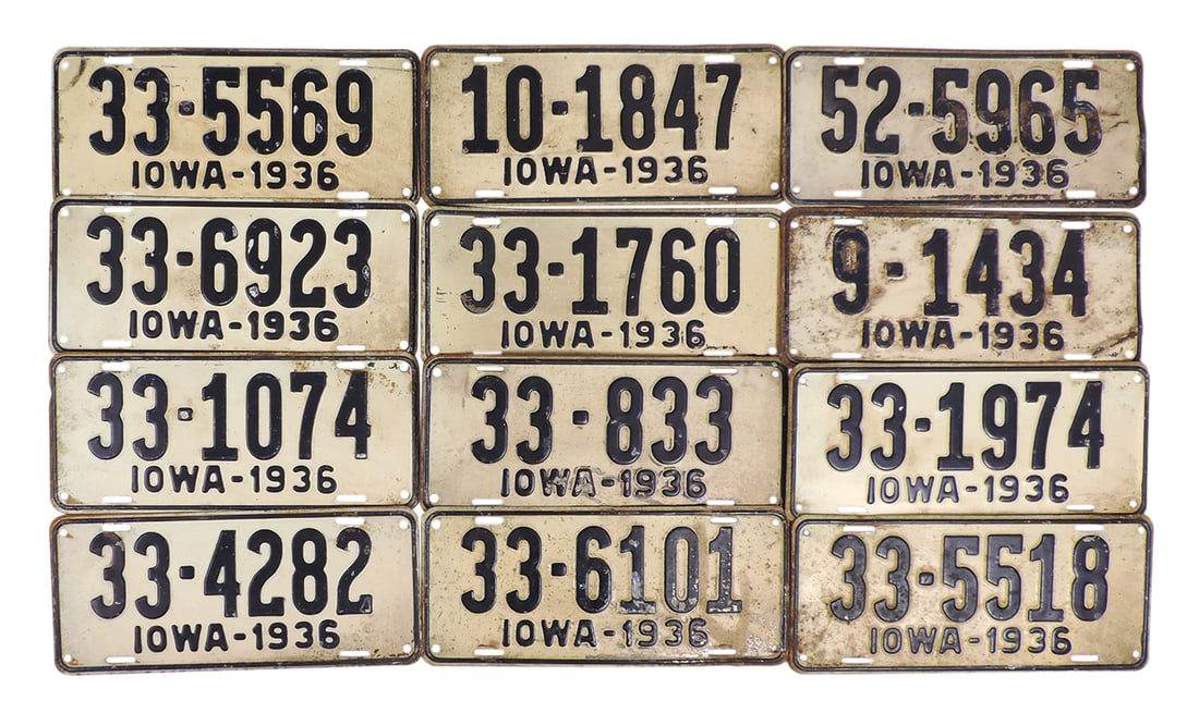 License Plates (24), all Iowa 1936, embossed metal, Good+ to VG cond 13"L.: License Plates (24), all Iowa 1936, embossed metal, Good+ to VG cond 13"L.
