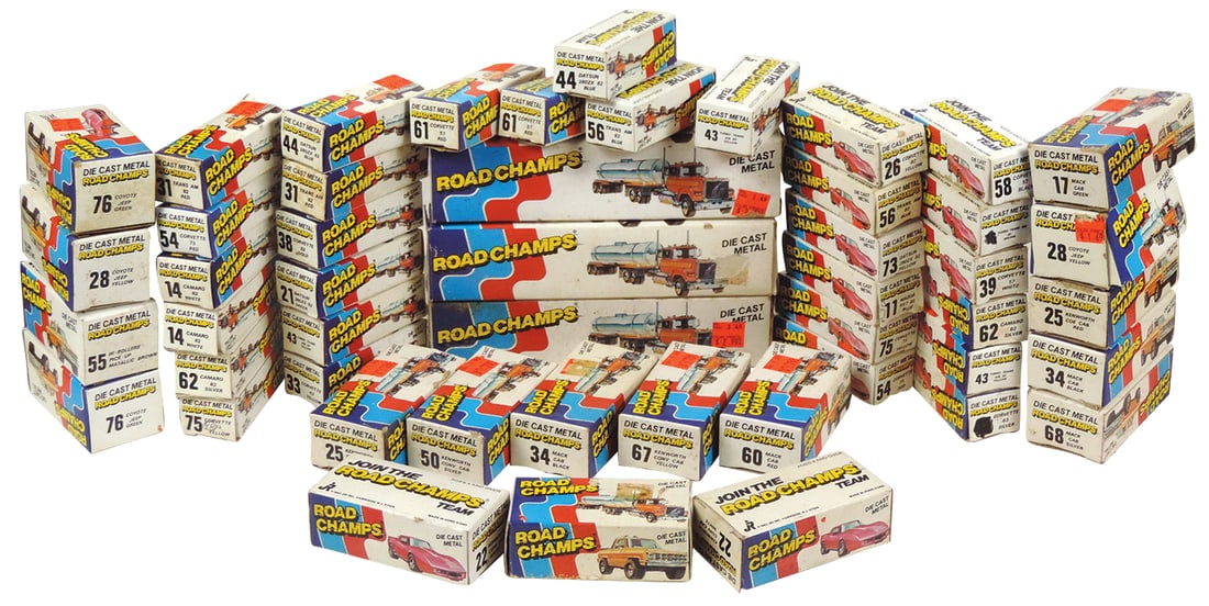 Toy Road Champs Models (49), die-cast cars & trucks, c.1980, in orig boxes, Exc cond, largest 7.5"L. (1 of 1)