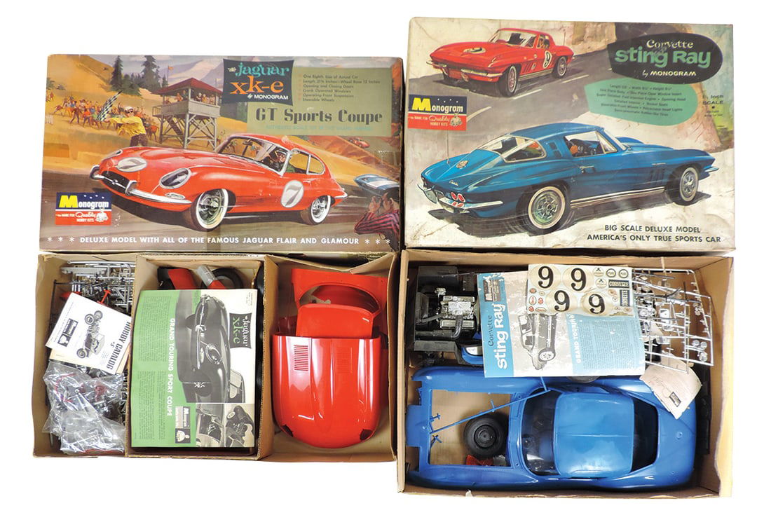 Toy Model Car Kits (2), large Monogram 1/8th scale Jaguar XK-E & Corvette Stingray, both w/engines (1 of 2)