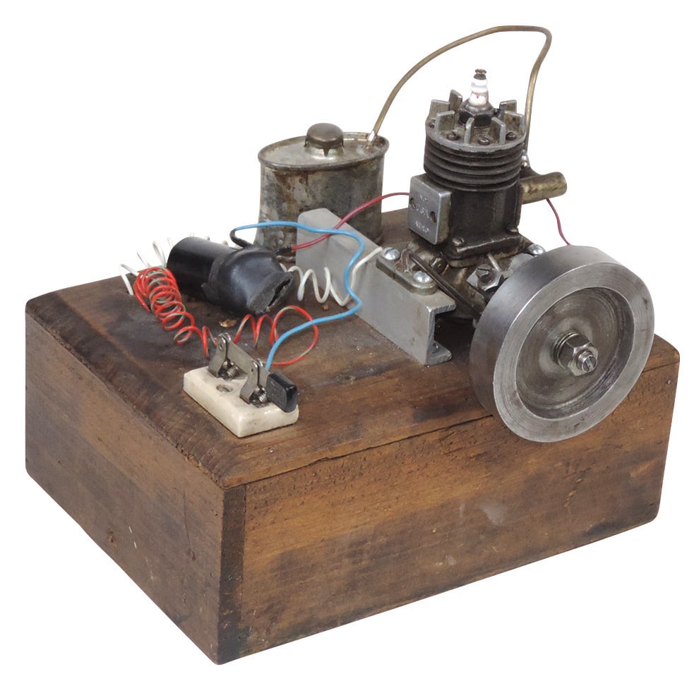 Toy Model Gasoline Engine, mounted on stand w/belt wheel, tank, switch & coil, stamped NY USA Aero, (1 of 2)