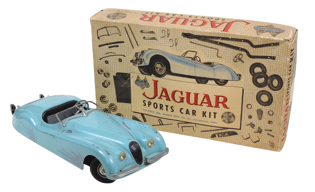 Toy Model Jaguar, diecast metal, mfgd by Doepke Model Toys in orig box, Good+ cond, 18"L overall. (1 of 2)