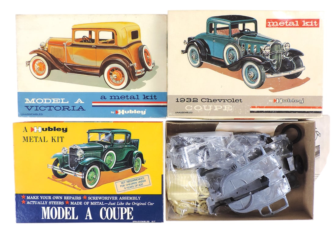 Scale Model Kits (3), unbuilt Ford Model A's & '32 Chevy by Hubley, MIB (2 w/factory wrap), 10.25"L.: Scale Model Kits (3), unbuilt Ford Model A's & '32 Chevy by Hubley, MIB (2 w/factory wrap), 10.25"L.