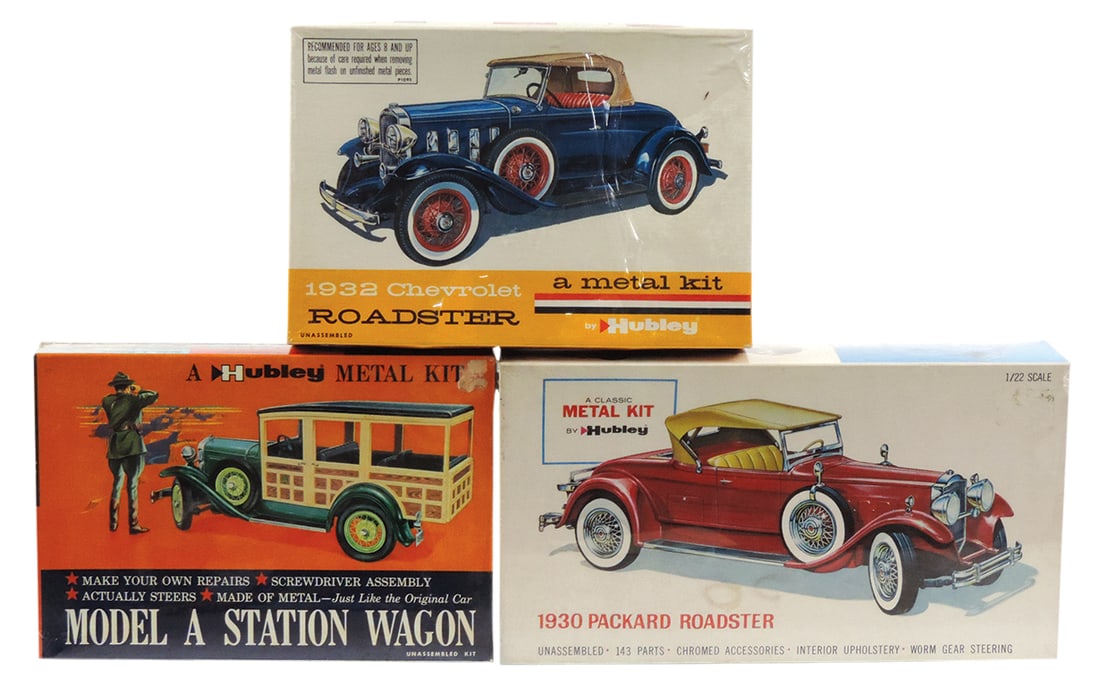 Scale Model Kits (3), unbuilt Model A wagon, '30 Packard & '32 Chevy, all by Hubley, MIB w/factory: Scale Model Kits (3), unbuilt Model A wagon, '30 Packard & '32 Chevy, all by Hubley, MIB w/factory wrap, largest 13"L.