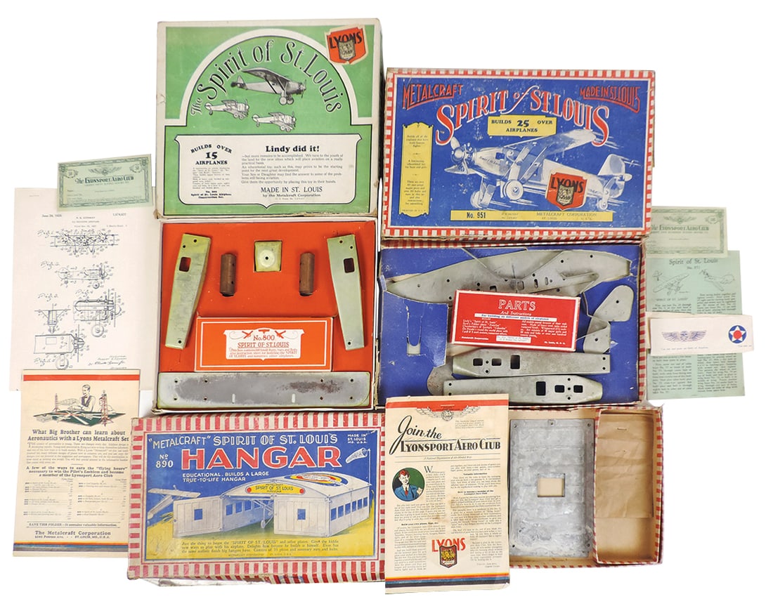 Toy Spirit of St. Louis Kits (3), pressed steel #951 & Lyons plus Hanger #890, planes appear (1 of 1)