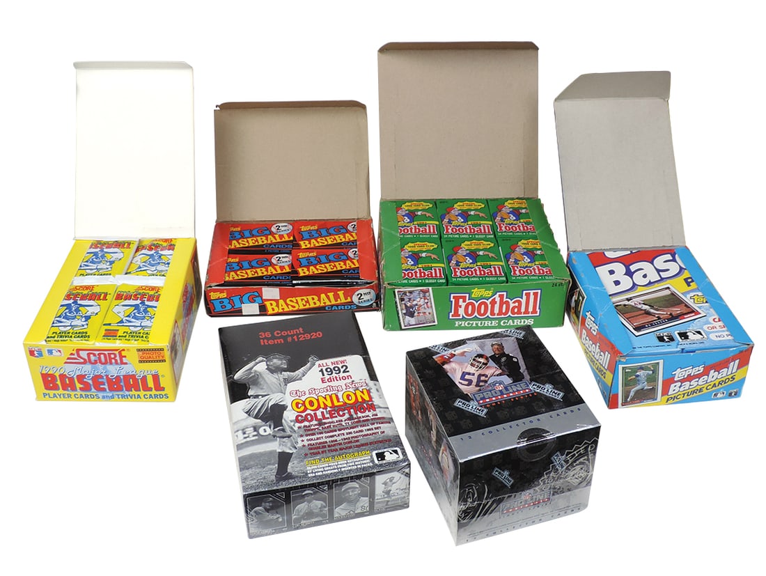 Baseball & Football Card Wax Boxes (6), 1990 Score, 1990 & 1992 Topps, 1992 Mega Cards (factory (1 of 2)