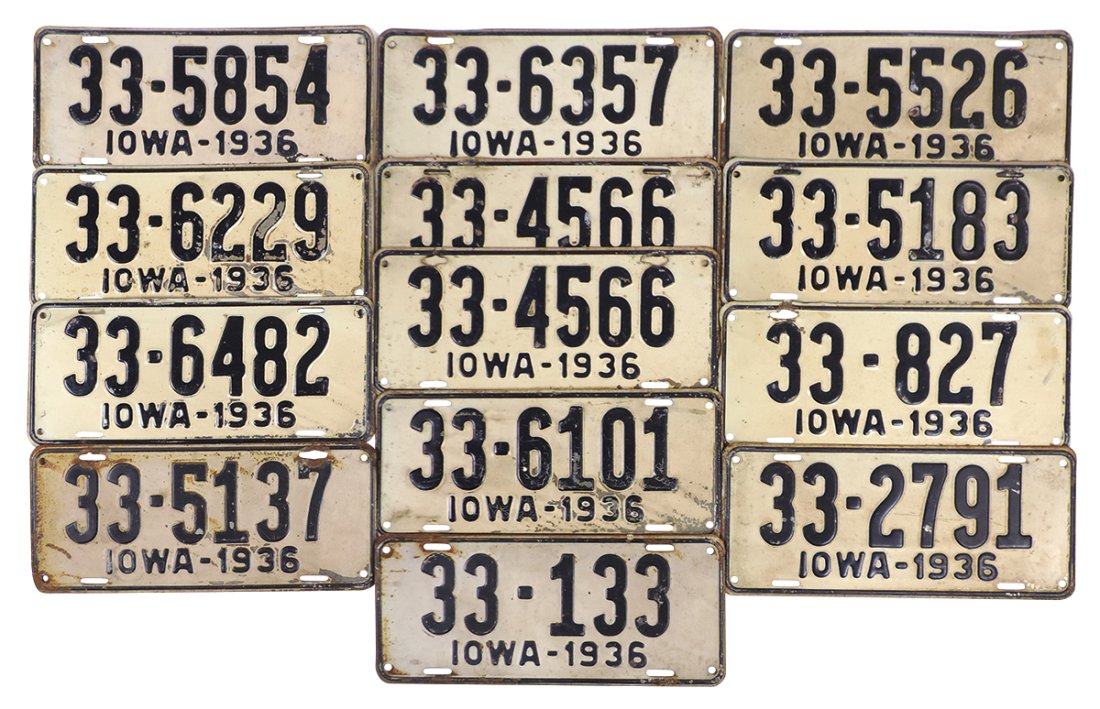 License Plates (21), all Iowa 1936 w/some pairs, pressed steel, Good+ to VG cond, 13"L.: License Plates (21), all Iowa 1936 w/some pairs, pressed steel, Good+ to VG cond, 13"L.