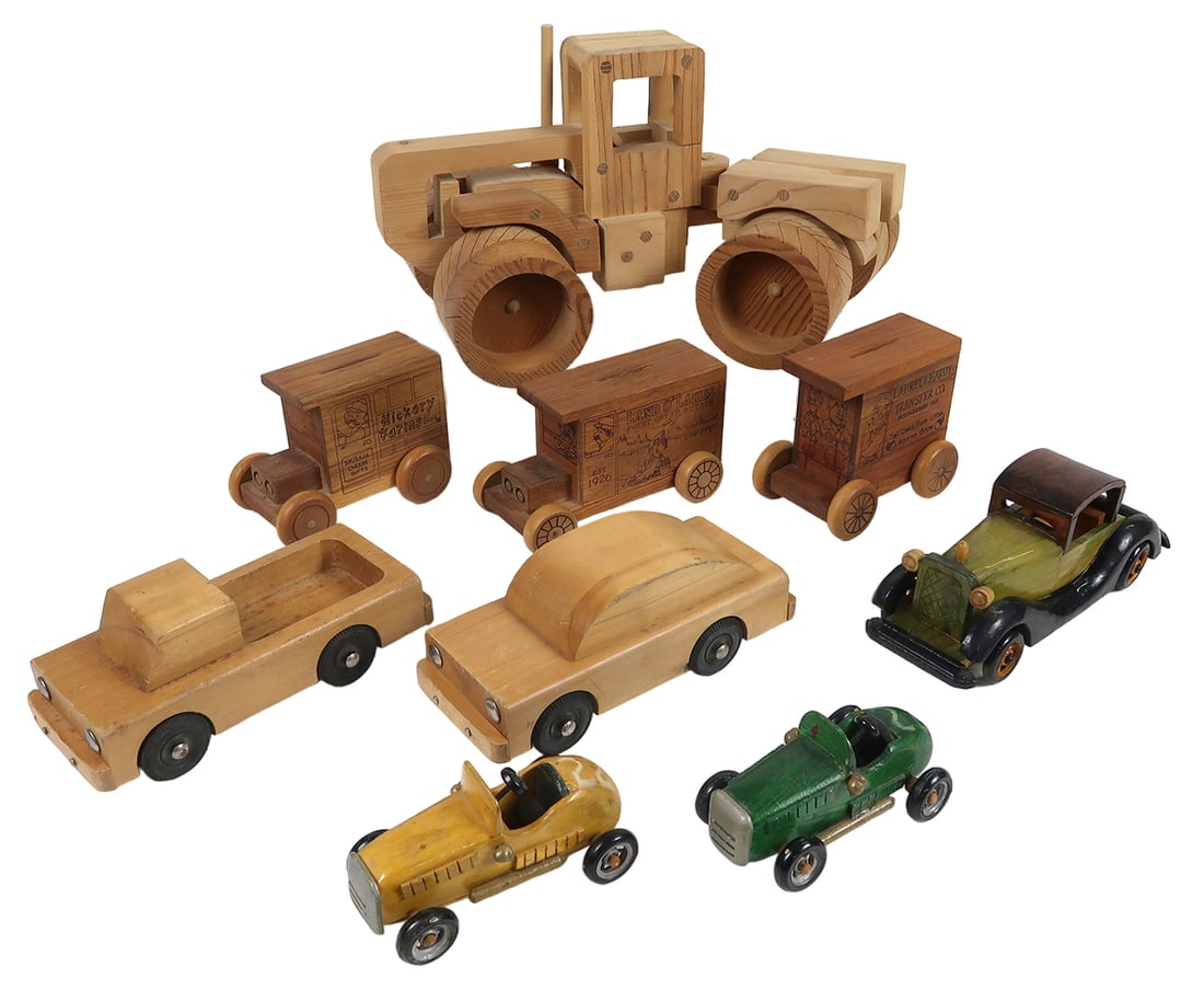 9 Toy & Model Wood Cars & Trucks, Incl Tractor, Racers, 2-playskool, Banks (1 of 2)
