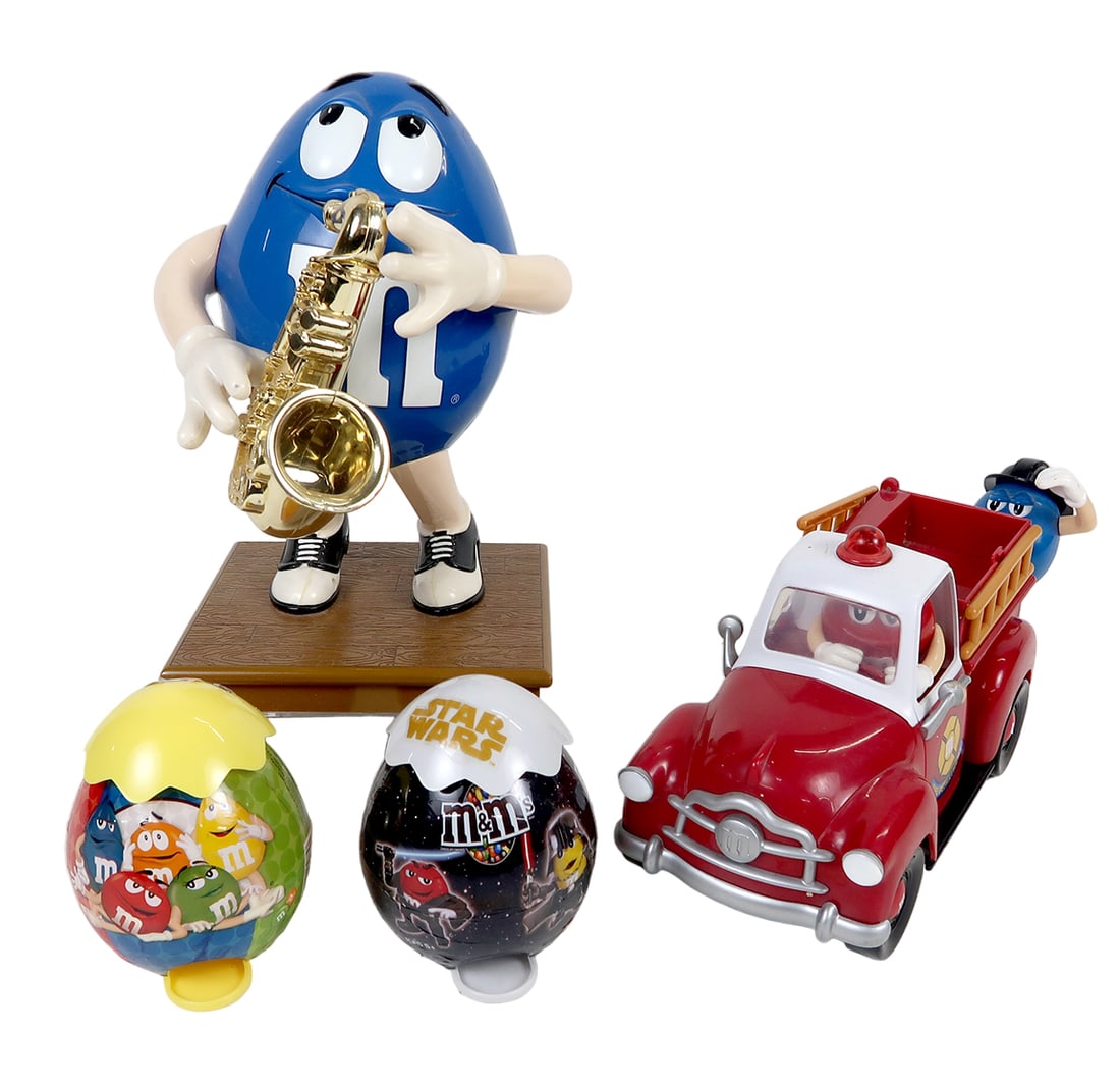 4 M&m Dispensers, Large Blue Man W/sax, Fire Engine & 2 Push Tops, Vg Cond, (1 of 2)