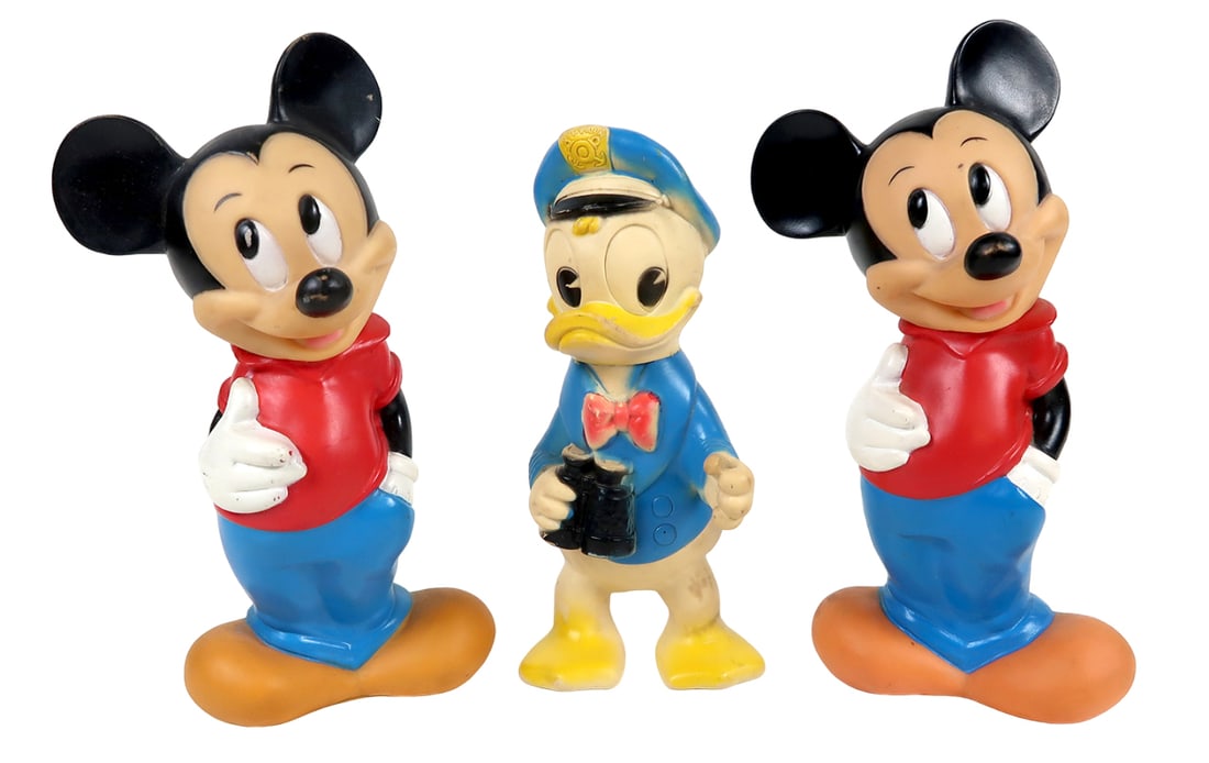 3 Disney Collectibles, Pair Of Illco Vinyl Mickey Banks & A Donald Duck Squ: 3 disney collectibles, pair of illco vinyl mickey banks & a donald duck squeeze toy, vg cond, largest 12"h.