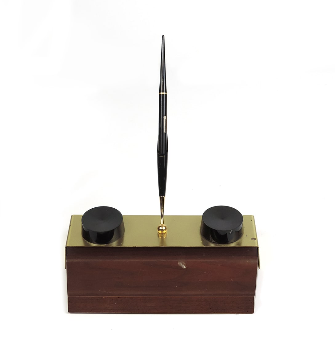 Fountain Pens, Parker Desk Set, Lever Fill Pen In A Modern Walnut & Satin B (1 of 2)