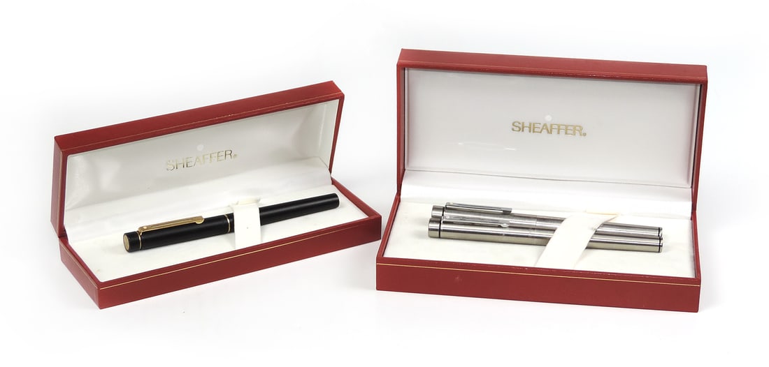 3 Sheaffer Targa Fountain Pens, All White Dots, 2 Brushed Nickel W/sterling (1 of 2)