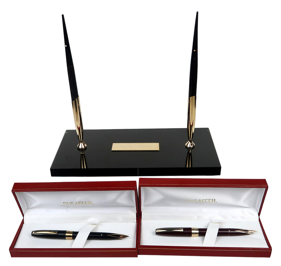 4 Sheaffer Fountain Pens & Desk Set, All White Dot, Blk Onyx Stand W/a 14k (1 of 5)