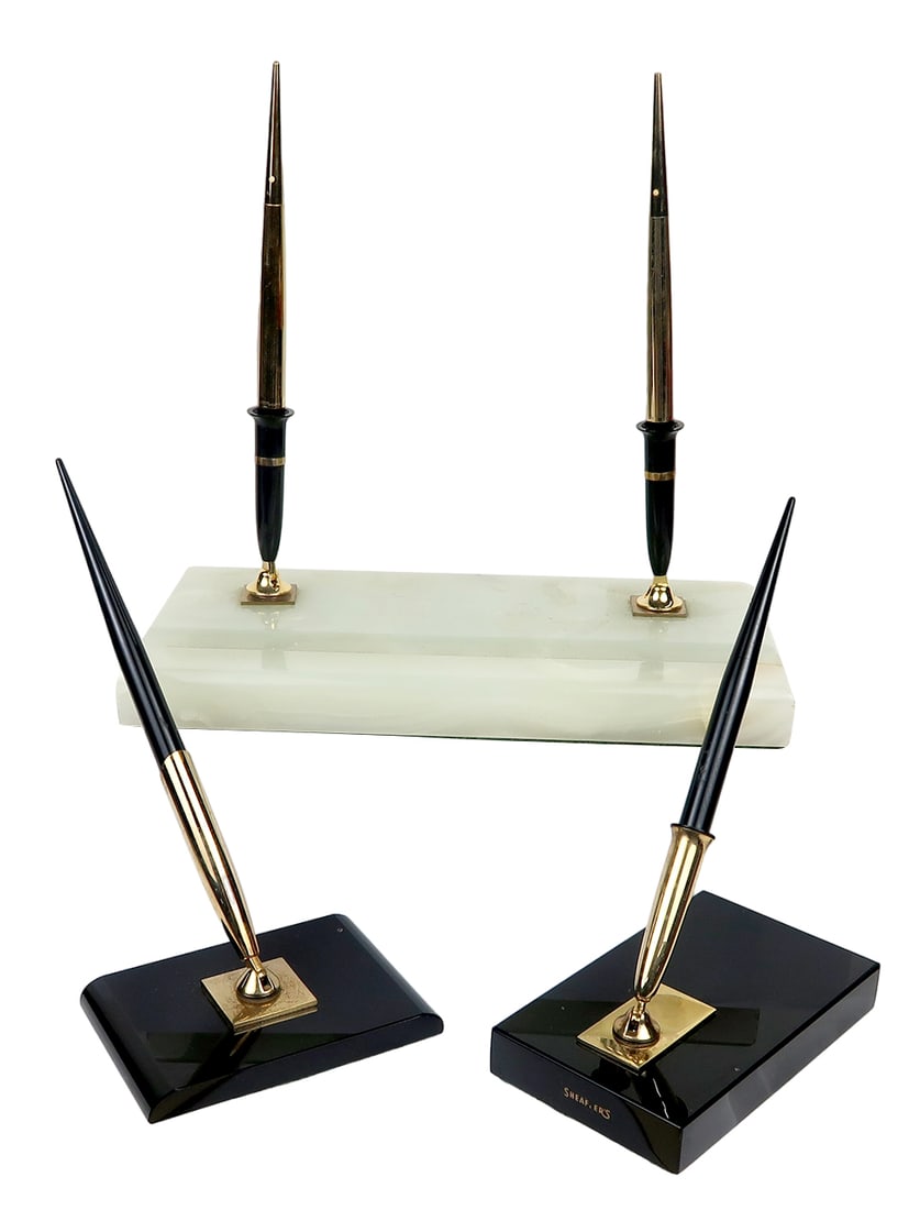 4 Sheaffer Fountain Pens & Desk Sets, Dbl White Onyx Stand W/matching Gold (1 of 4)