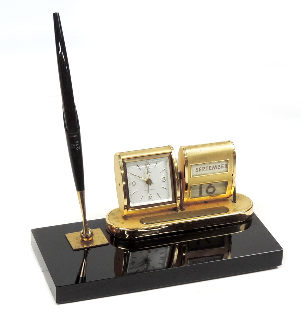 Parker Fountain Pen Desk Set With Clock & Calendar, #51 In Blk Onyx Base W/ (1 of 1)