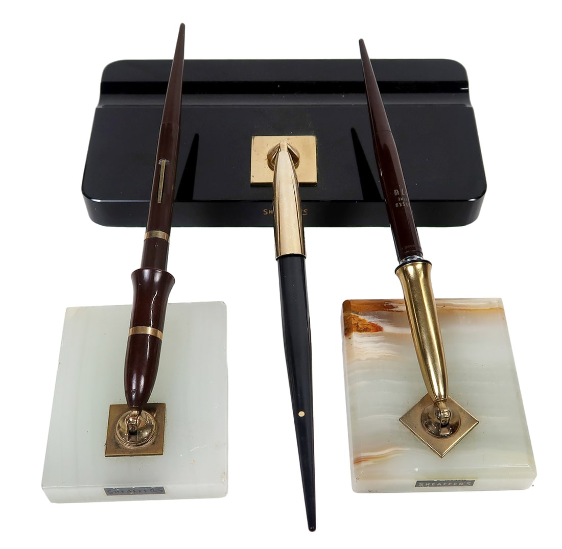3 Sheaffer Fountain Pen Desk Sets, All White Dot, Blk Onyx Base W/14k Inlai (1 of 3)