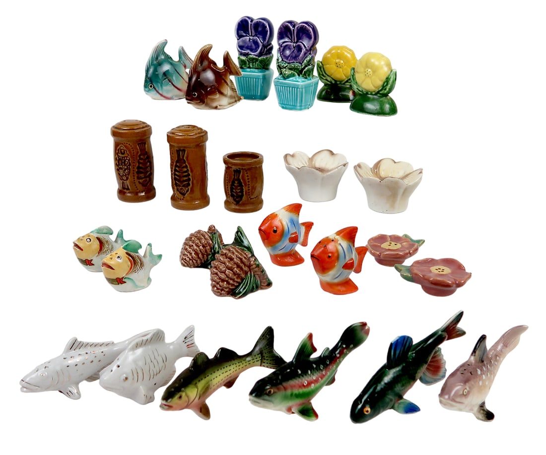 Salt & Pepper Shakers (12 Sets) Fish/flower, Two Mismatched, Unmarked/made: Salt & pepper shakers (12 sets) fish/flower, two mismatched, unmarked/made in japan, ceramic, good to vg cond w/possible paint loss, minor chipping or missing stoppers, 3. 75"l.