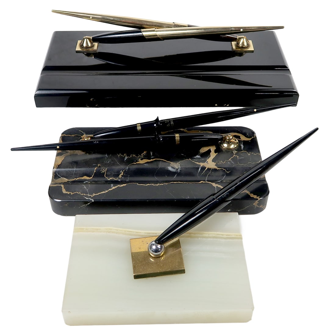 3 Sheaffer & Parker Desk Sets, A White Dot Gold Barrel Pair W/14k Inlaid V (1 of 2)