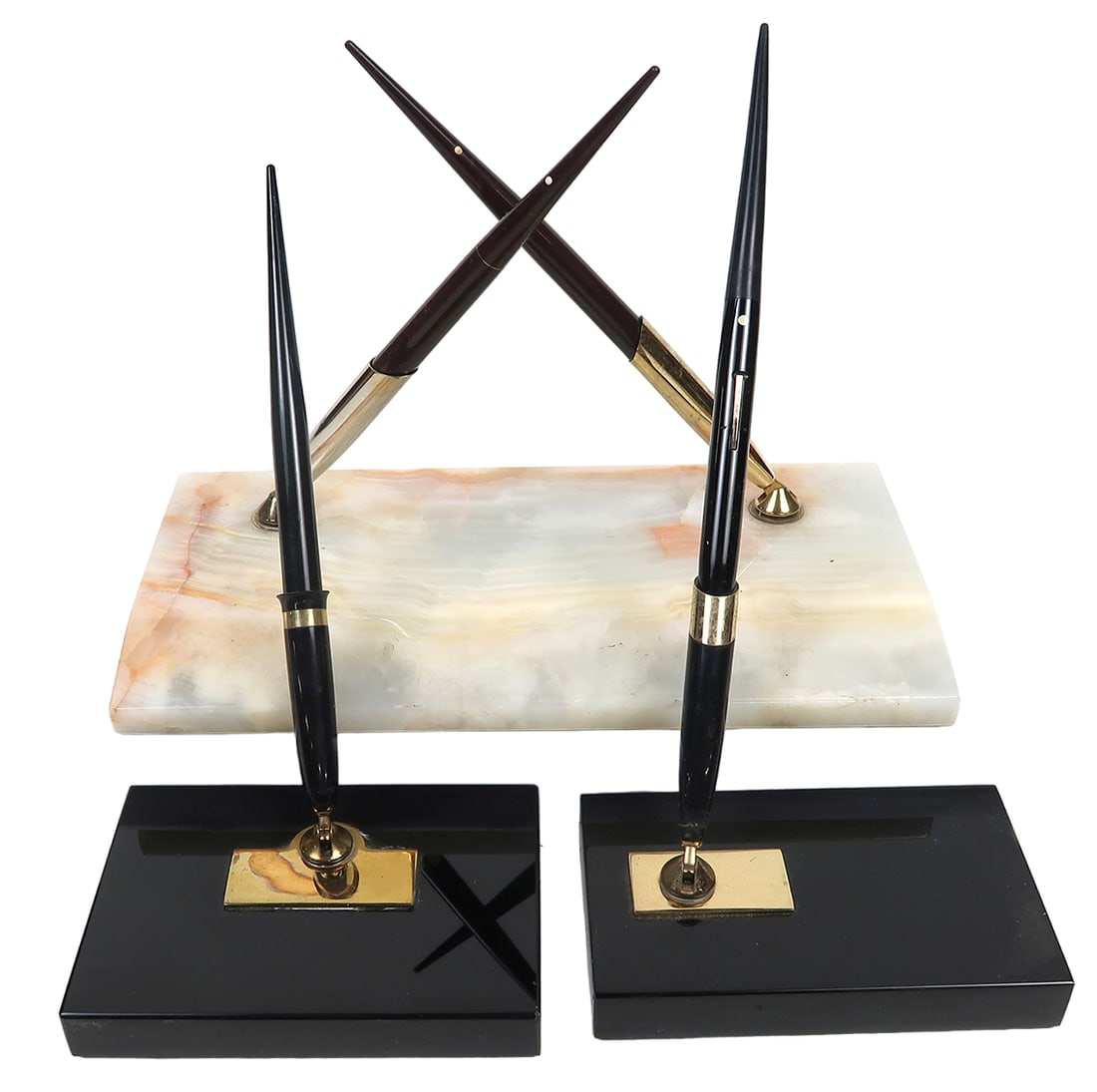 4 Sheaffer Fountain Pens In Stands, Mostly White Dot, Incl Two Brown 14k Go (1 of 2)