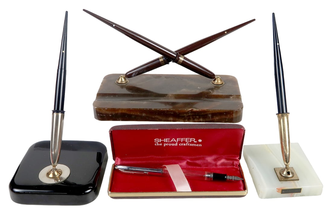 5 Sheaffer Fountain Pens & Desk Sets, Mostly White Dot, A Brown 14k Inlaid (1 of 2)