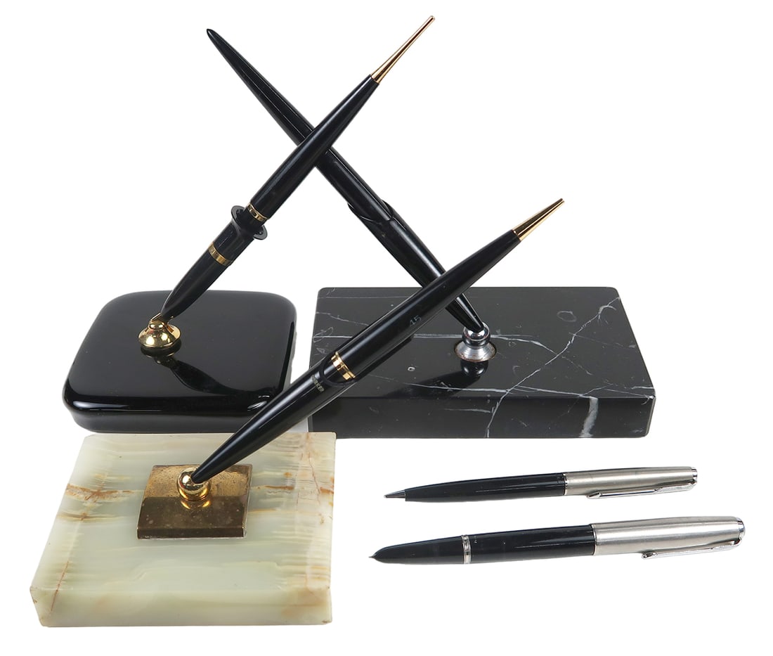 5 Parker Pen, Pencil Desk Sets, Two 45's W/gold Terminals In Blk Glass & On (1 of 2)