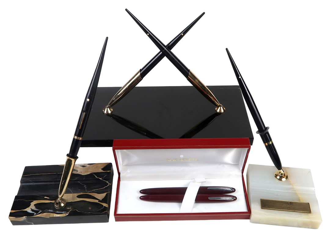 6 Sheaffer Pens & Desk Sets, Mostly White Dot, A 14k Inlaid V Nib & Ballpoi (1 of 2)